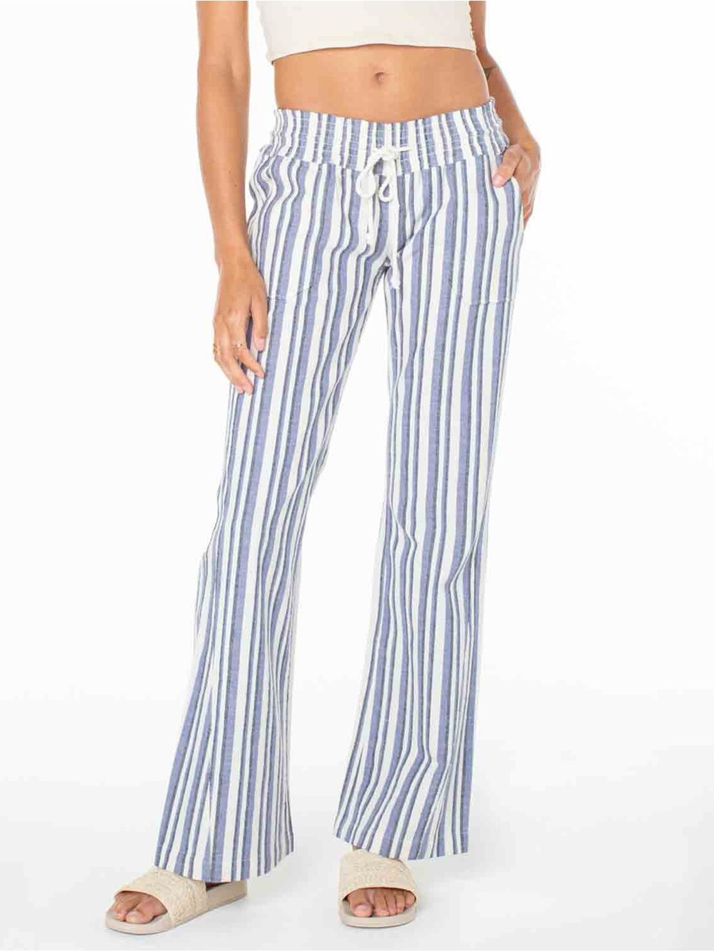 Roxy Oceanside Flared Beach Linen Wide Leg Pants Blue Stripes Coastal Medium